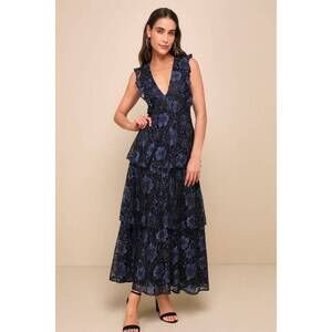 Lulus Molinetto Navy Blue Lace Ruffled Tiered Sleeveless Maxi Dress - Size M